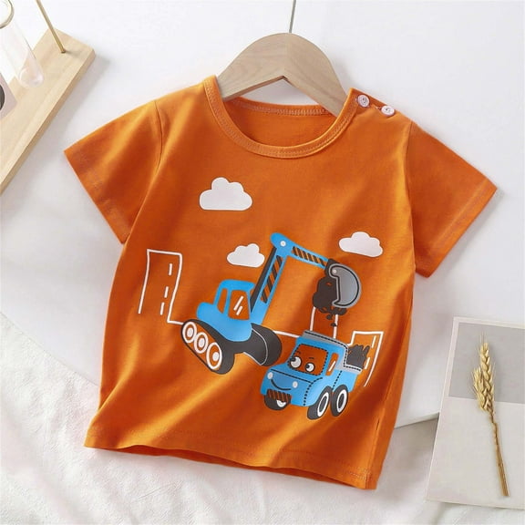BLTIBY Girls Boys Summer Short Sleeve Tops Child Kid Round Neck Printed Shirts Toddler Infant Fashion Casual Loose Pullover Blouses 2025 Orange 9-18 Months