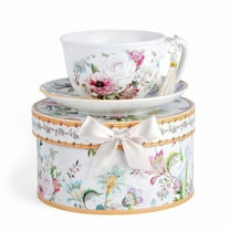 STP GOODS Dream Garden Bone China Tea Cup and Saucer Set for 1 in Gift Box 10.14 fl oz (300 ml) Kitchen Teacup Floral Porcelain Tea and Coffee Cup, White and Pink