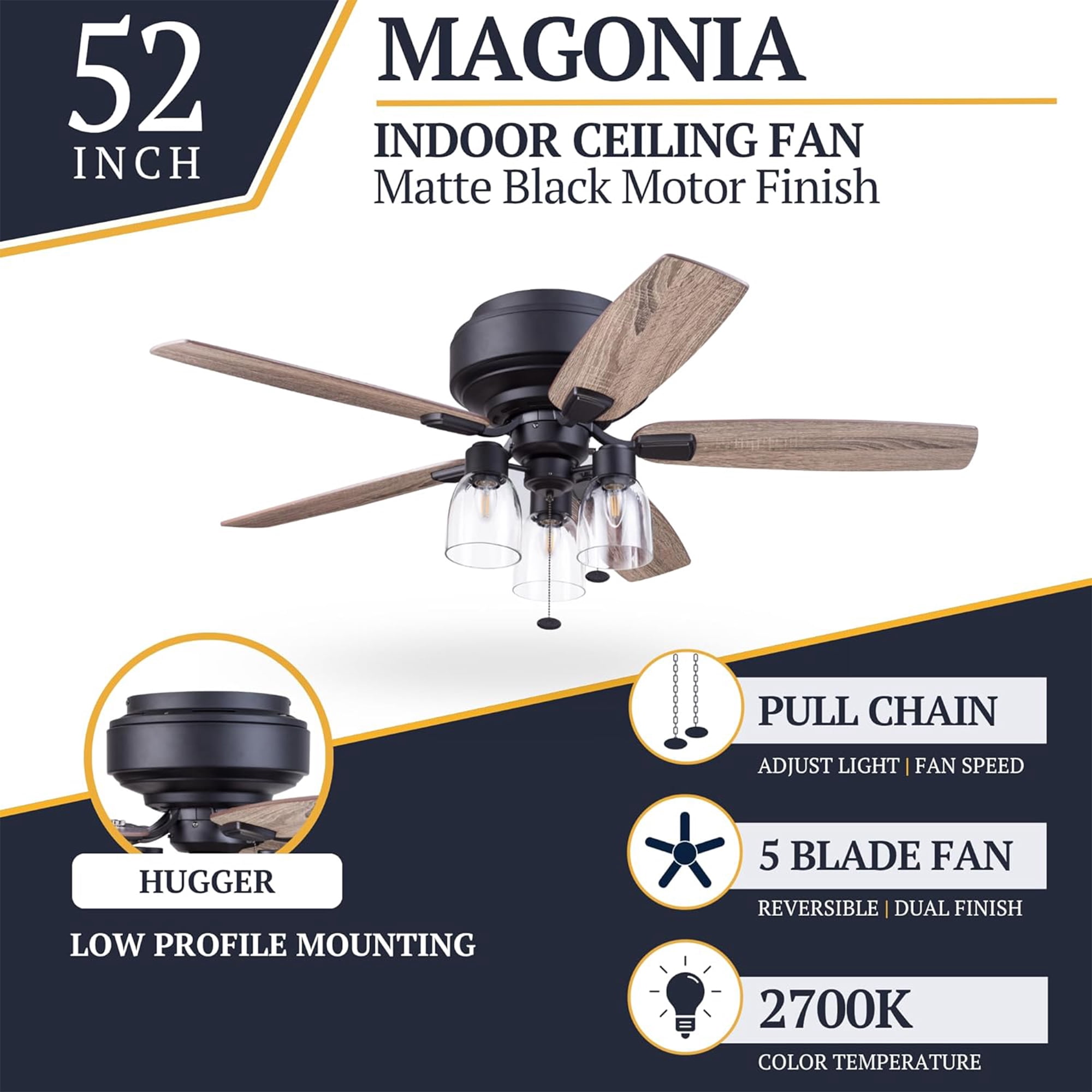 Prominence Home Magonia 52 Inch Ceiling Fan with Light and Pull Chain, Flush Mount, Black