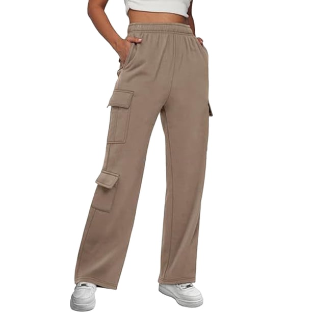 WILLBEST Pantalones Deportivos Cargo para Mujer, Forrados, de Cintura Alta, Holgados, de Pierna Ancha y Bolsillos, para Otoño E Invierno. Mediana