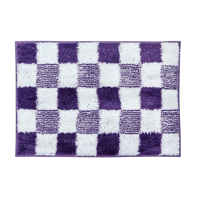 Mainstays Kids Kitten Collection purple and white check non-slip bath mat measuring 17 by 24 inches.
