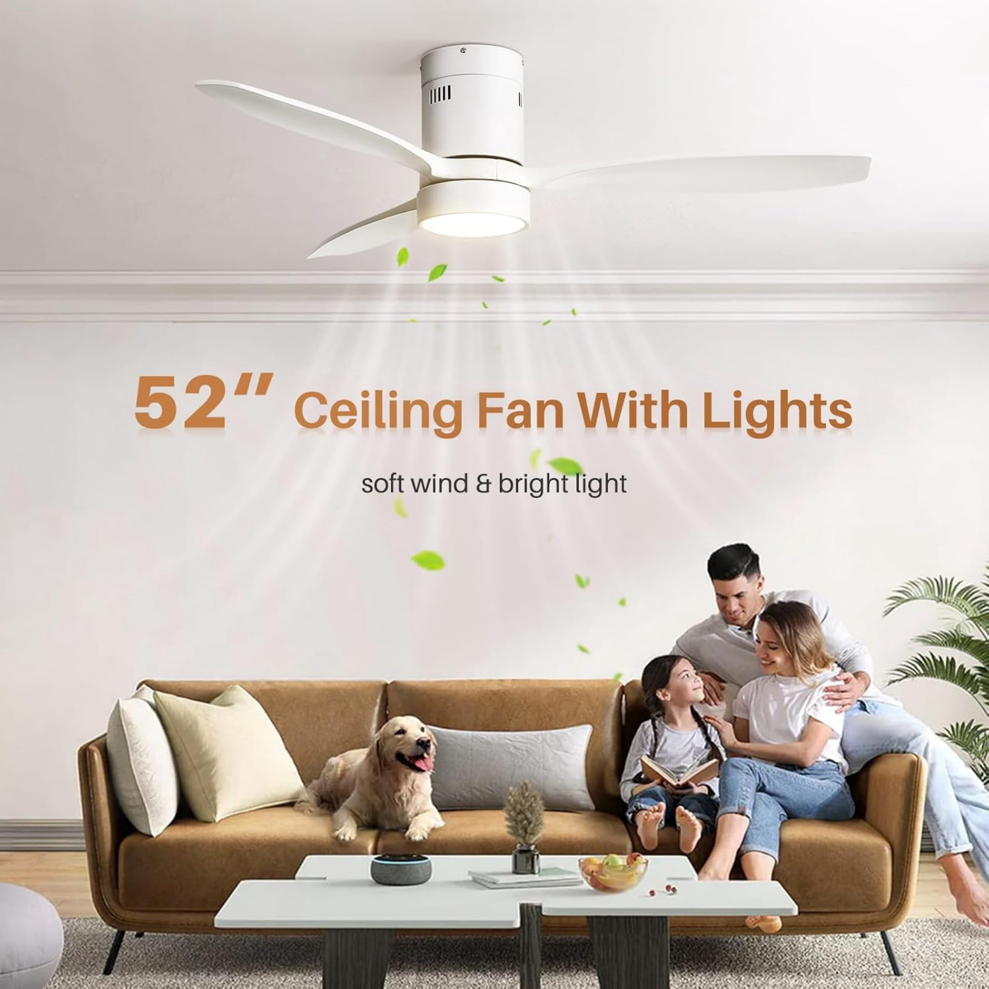 Sofucor 52 inch Wood Low Profile White Ceiling Fans with Lights and Remote, Modern Flush Mount Quiet Ceiling Fan for Bedroom, Reversible DC Moto