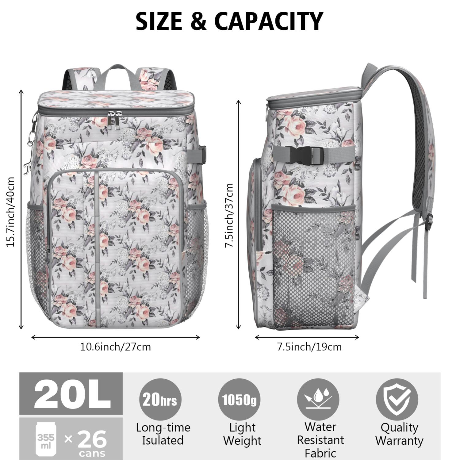 Travel Cooler Bag - Pioneer Flower Floral Print Pattern Camping Beer Cooler Backpack with Bottle Opener- Waterproof Insulated Picnic Backpacks - Cooler Bag for Beach