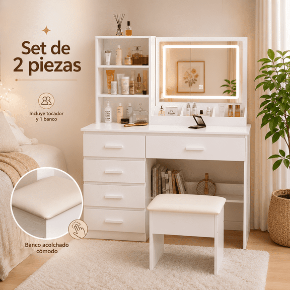 Zocalo Tocador con Espejo LED y Banco, Set de 2 Piezas, Tocador de Maquillaje con 5 Cajones y Estantes de Almacenamiento, Espejo con Luz Ajustable de 3 Tonos, Blanco