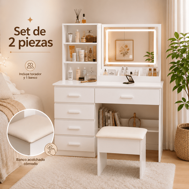 Zocalo Tocador con Espejo LED y Banco, Set de 2 Piezas, Tocador de Maquillaje con 5 Cajones y Estantes de Almacenamiento, Espejo con Luz Ajustable de 3 Tonos, Blanco