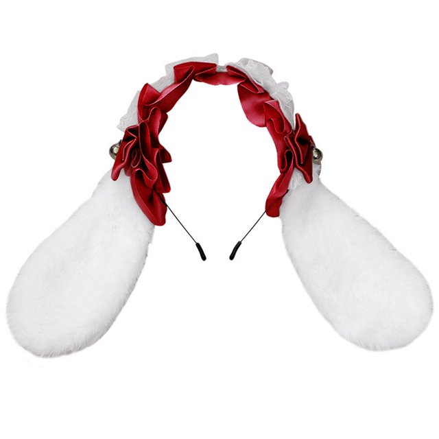 Diadema con orejas de conejo peludo, aro para el pelo, lazo de encaje de Lolita, tocado de mucama, disfraz de Navidad, pinzas para el pelo de conejo