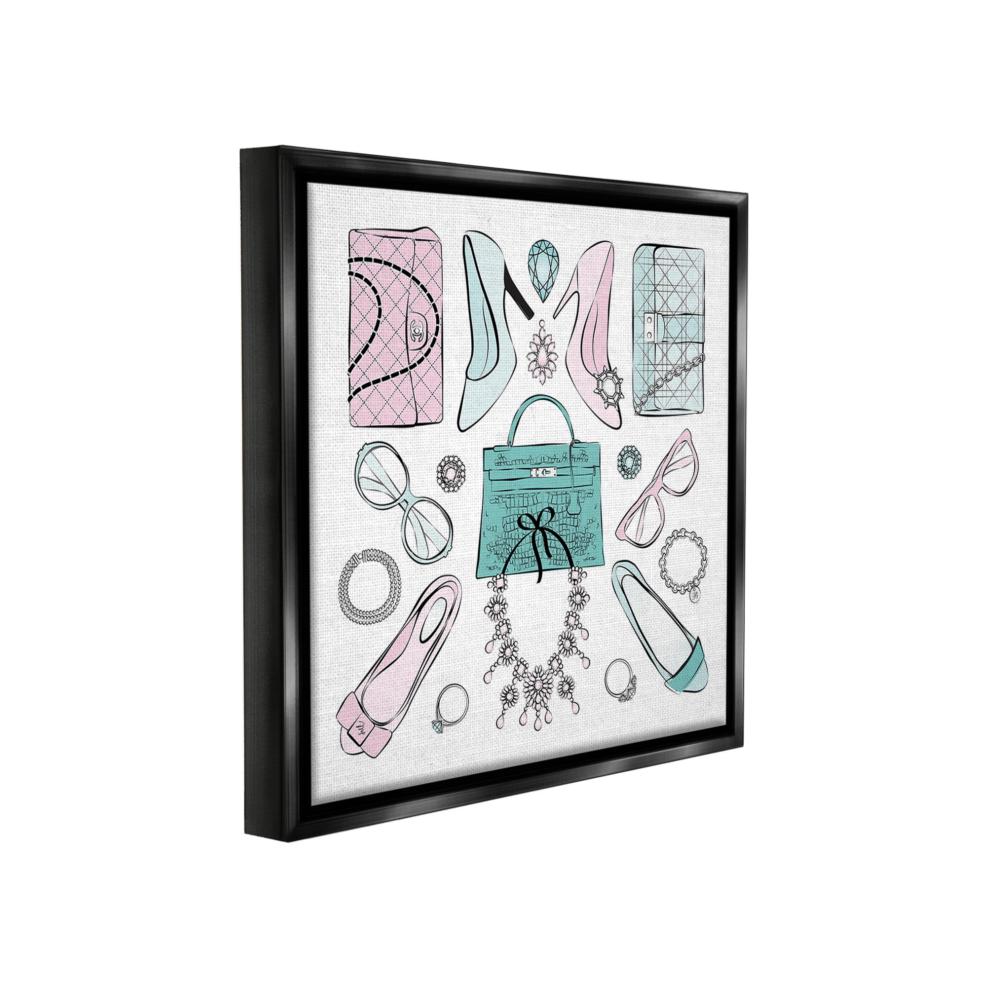 Stupell Industries Pastel Fashion Accessories Beauty & Fashion Painting Black Floater Framed Canvas Art Print Wall Art, 18 x 18
