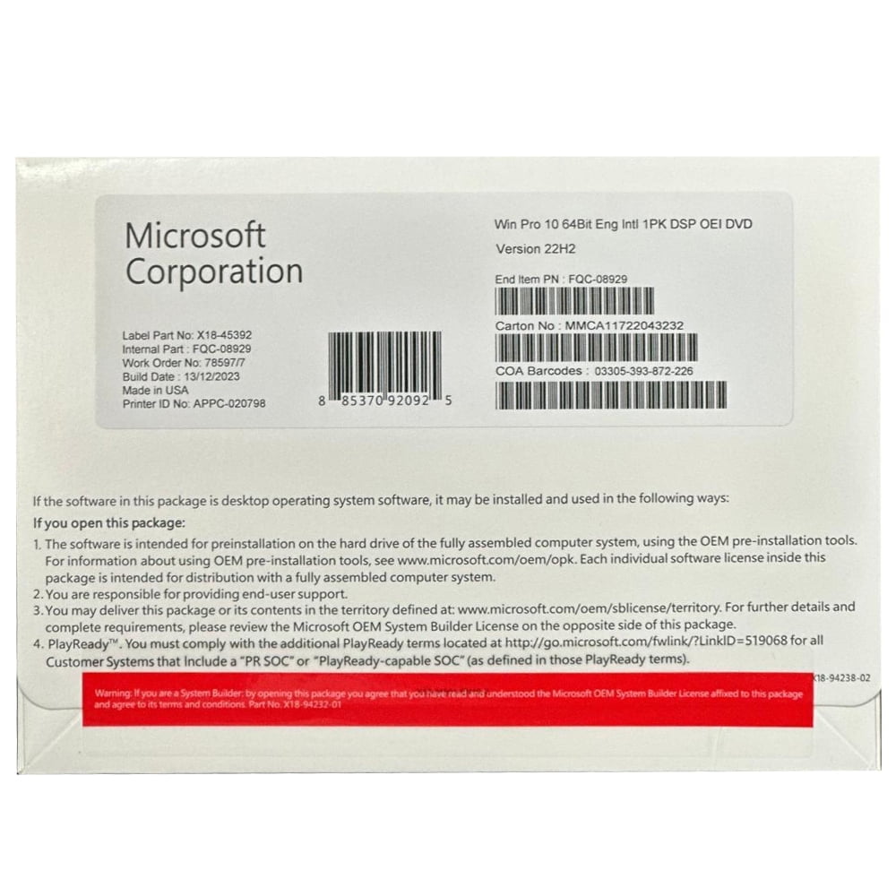 Microsoft Windows 10 Professional 64 -bit OEM | DVD with License Key