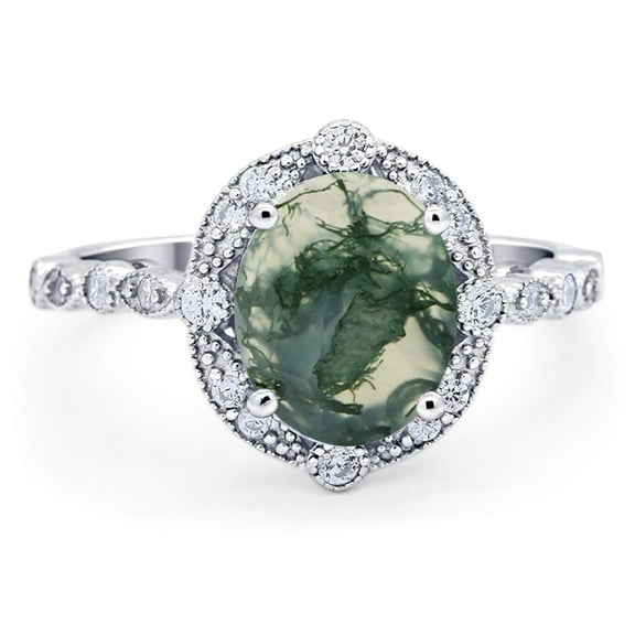 Art Deco Oval Natural Green Moss Agate Wedding Ring 925 Sterling Silver Size 5