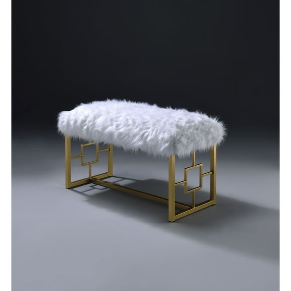 Modern Style Faux Fur Upholstered Bench with Geometrical Side Panels, White and Gold