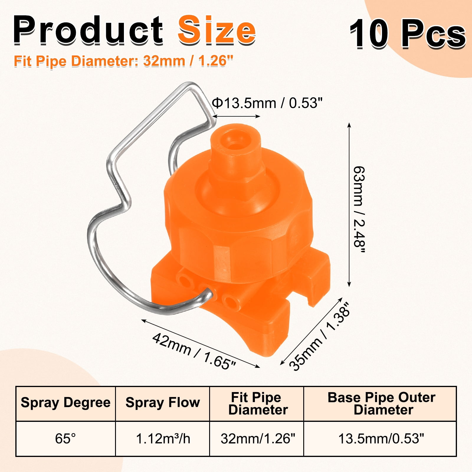10Pack 65 Degree Spray Nozzle with Clip Fit 32mm/1.3" Hose, 1.12m³/h