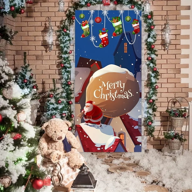 Cortina de puerta navideña con bandera para exteriores, decoración de fondo de Papá Noel y cachorro, tela de poliéster para colgar.