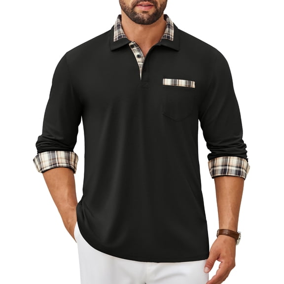 COOFANDY Men's Classic Fit Casual Long Sleeve Plaid Collar Polo Shirt