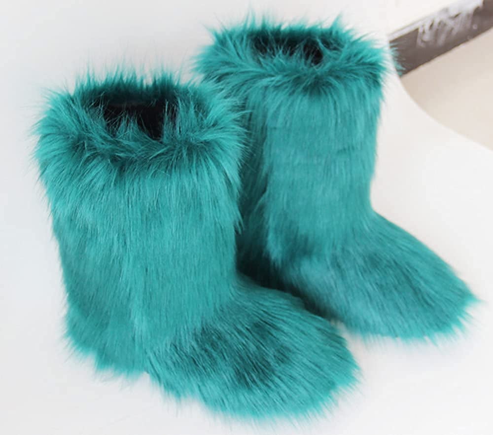 Women's Faux fur Boot Furry Fluffy Short Snow Boot Mid-Calf Boots Warm ...