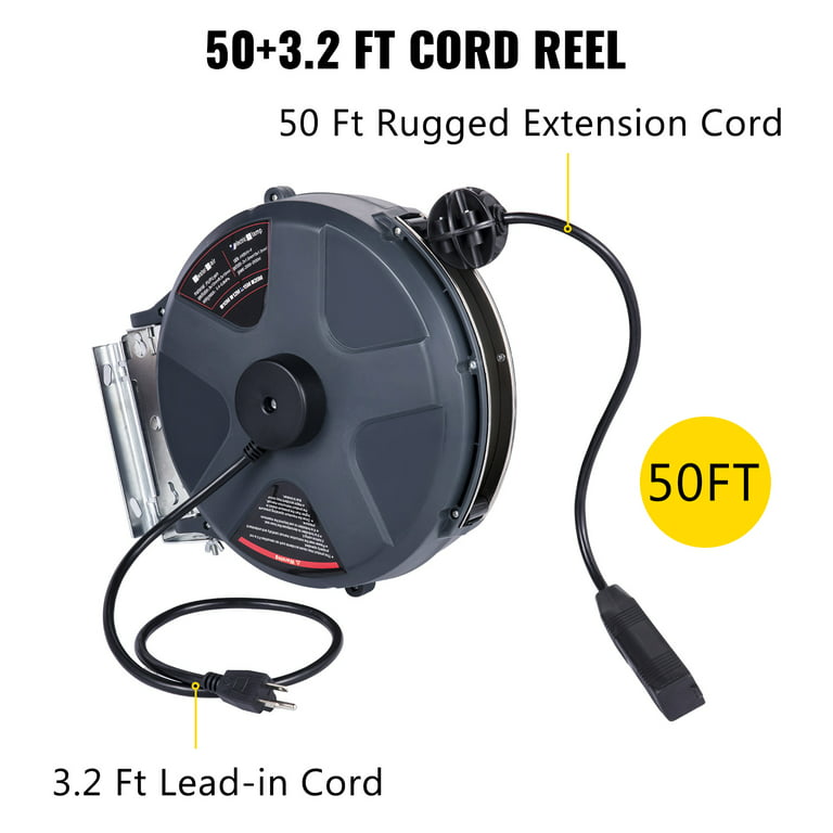 VEVOR Retractable Extension Cord Reel 50+3.2FT, 16/3 SJT Power Cord Reel,  Heavy Duty Electric Cord Reel, Wall/Ceiling Mount Retractable Cord Reel,  Automatic Flexible Triple Tap Connector with Stopper 