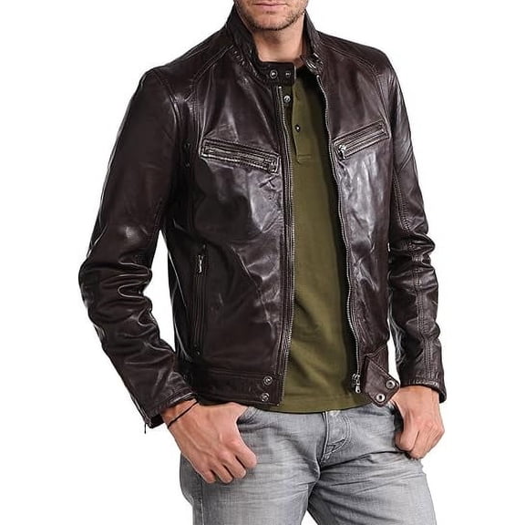 Men Brown Leather Jacket Coat Motorcycle Biker Slim Fit Outwear Jackets A791