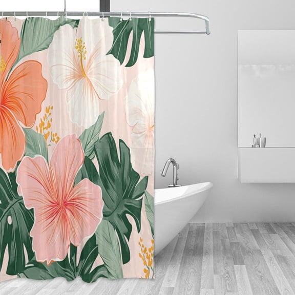 Colorful Hibiscus Florals Palm Leaves Hawaii Shower Curtains with 12 Hooks Waterproof Bathroom Decor 66" x 72"