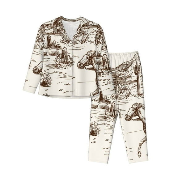 Pajamas for Women Set - Western Desert Cowboys3 Comfy Long Sleeve Button Up Pajama Sets for Women 2 Piece, Soft Sleepwear Nightwear Pjs Lounge Sets for Women with Pockets
