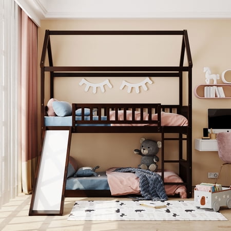 uhomepro Wood Low House Bunk Bed for Kids  Twin Over Twin Floor Bunk Bed with Slide  Ladder  Heavy Duty Bunk Beds Mattress Foundation for Boys Girls  Space-Saving Bedroom Dorm Furniture  Espresso
