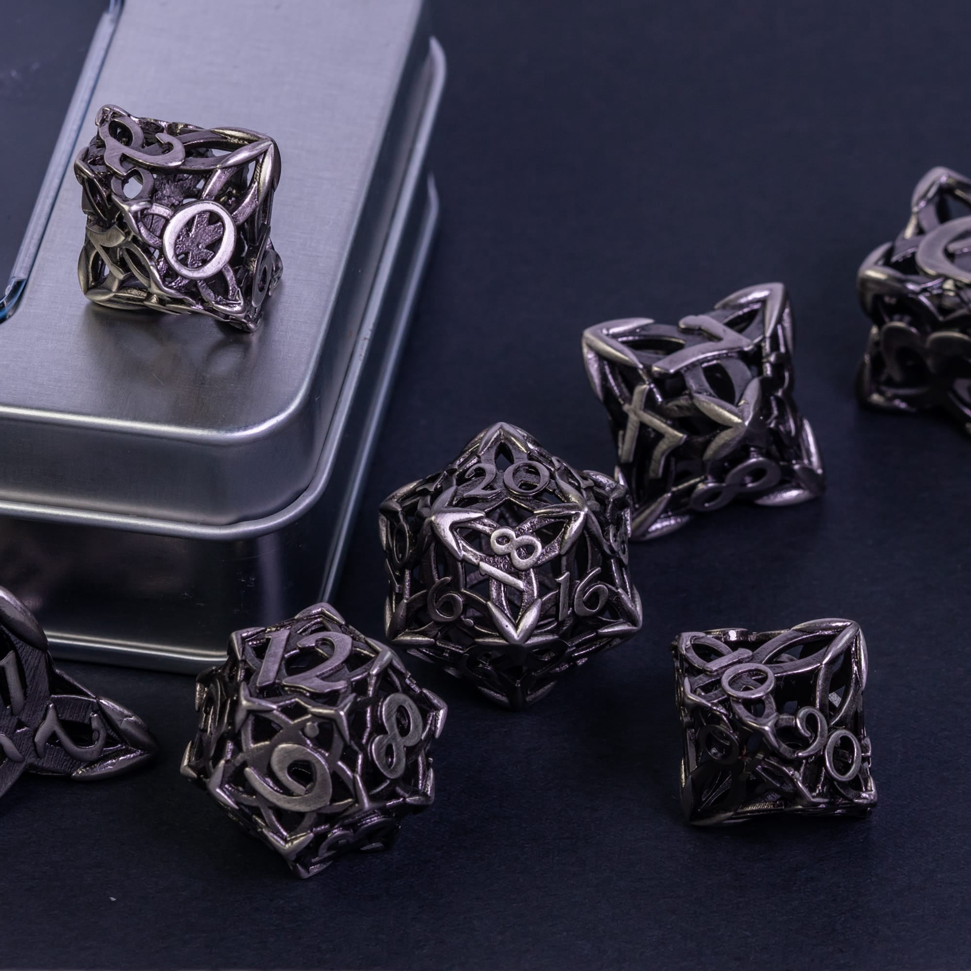 Cusdie Hollow Metal Dice, Celtic Knot D&D Dice, 7 Pcs Metal Dice Set, Polyhedral Dice Set, for Role Playing Game MTG Pathfinder
