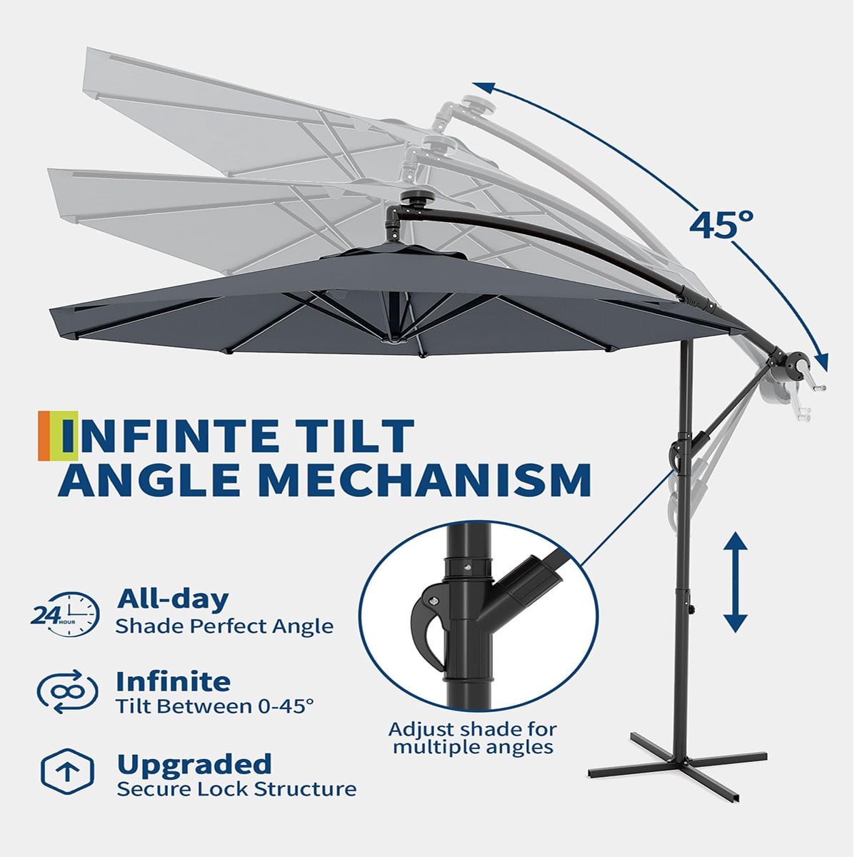 Danolapsi 10FT Offset Patio Umbrella, Hanging Cantilever Umbrella with 360 Rotating Base Outdoor Sun Shade with Easy Tilt Adjustment, 8 Ribs, UV Protection for Backyard, Lawn, Garden and Pool