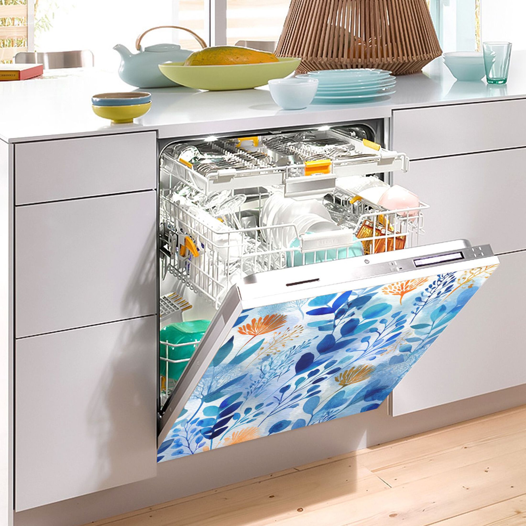 Dishwasher Magnetic Sticker 23x26 Inch Refrigerator Magnetic Sticker Washing Machine Magnetic Sticker Kitchen Panel Magnetic Sticker Home Decor Beautiful Watercolor Blue Leaves