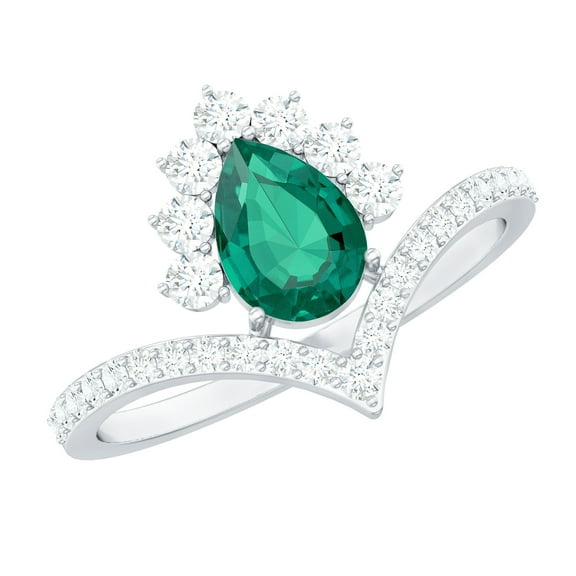 Rosec Jewels Designer Lab Grown Emerald Pear Shaped Engagement Ring (AAAA Grade) - Emerald Diamond Ring - with Jewelry Box, 925 Sterling Silver, US 4.00
