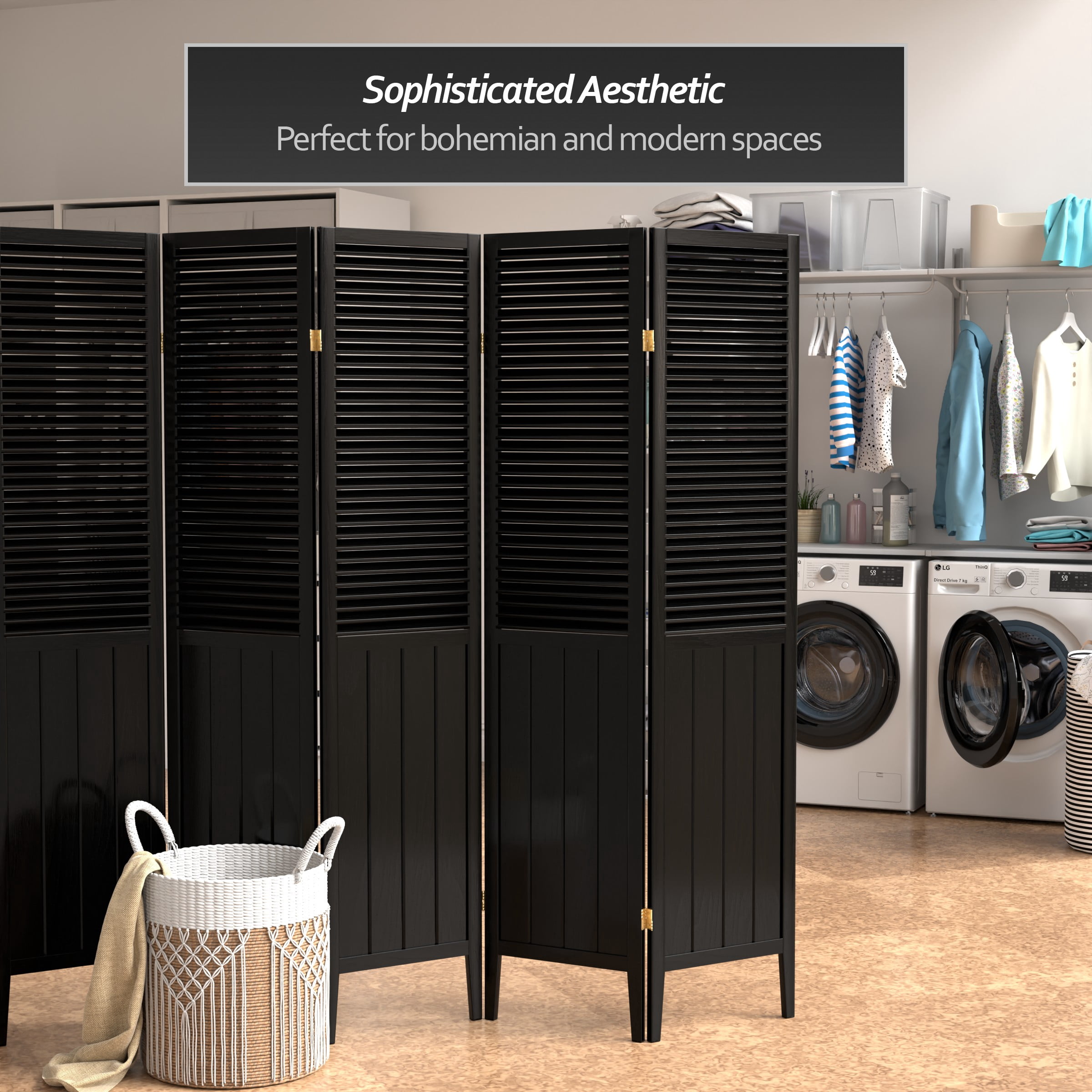 Handmade Beadboard 70-inch Room Divider (China) 5 Panel Black