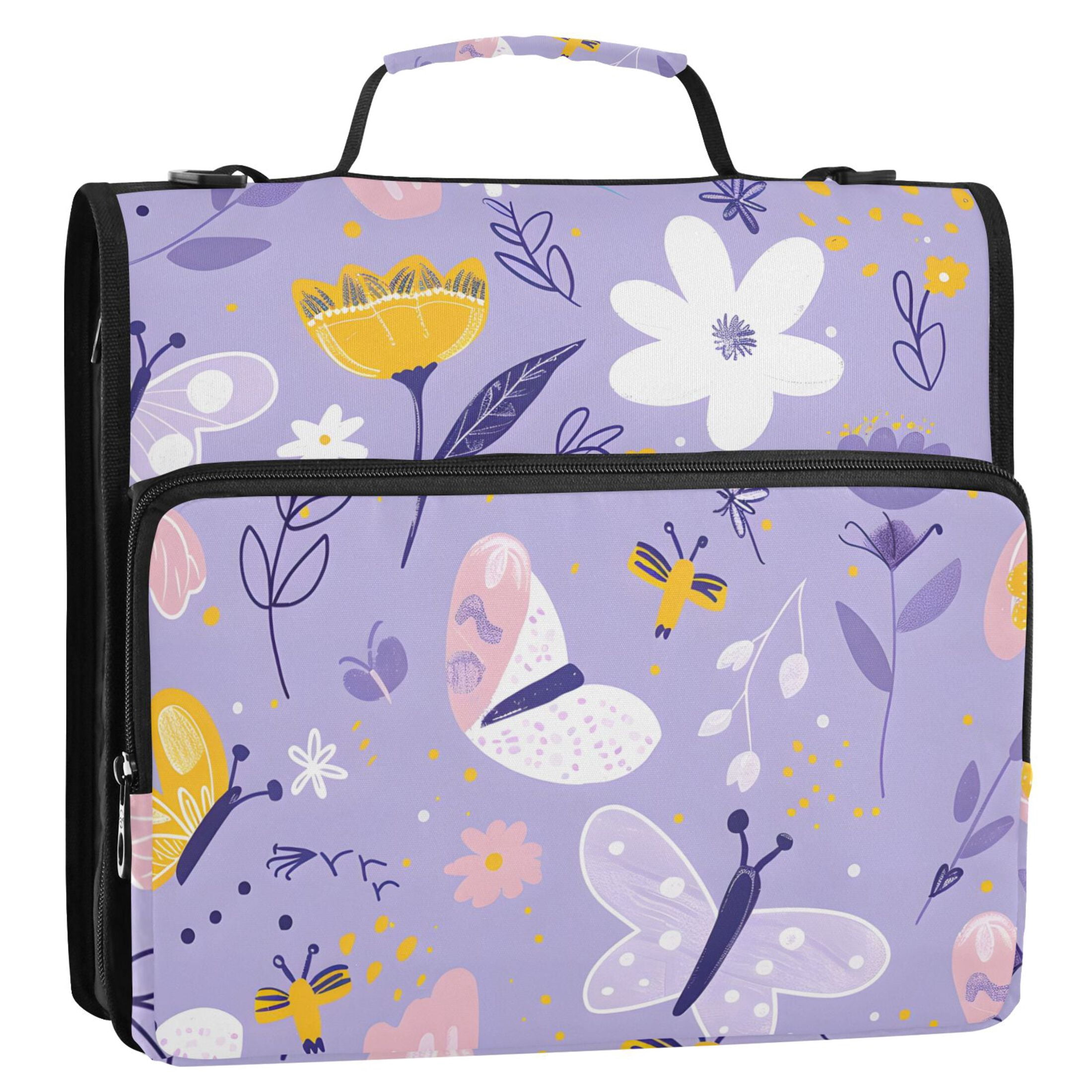 3 Ring Zipper Binder with Shoulder Strap Waterproof Trapper Keeper 2 Inch D-Ring 500 Sheets Capacity Abstract Flowers and Butterflies