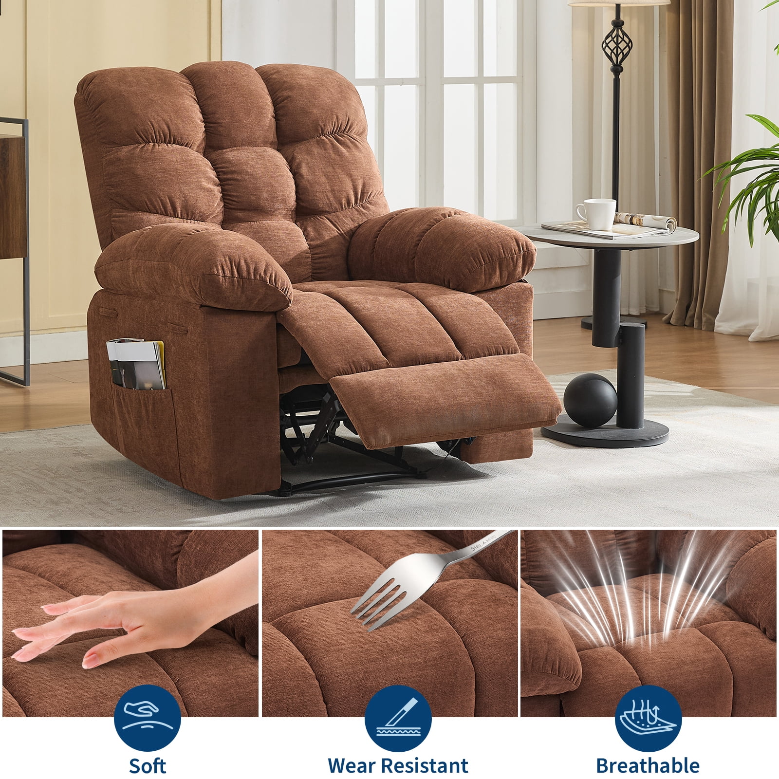 Recliner Chair for Adult, Recliner with Massage&Heating, Manual Recliners, Upholstery Overstuffed Soft Rocking Sofa Chair, Brown