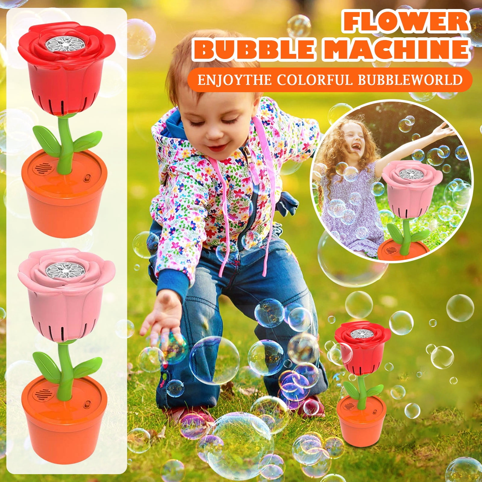 Flower Bubble Blower, Automatic Bubble Machine with Lights Music and 40ml Bubble Solution, Rechargeable Bubble Maker for Party Wedding Carnival Events (Pink)