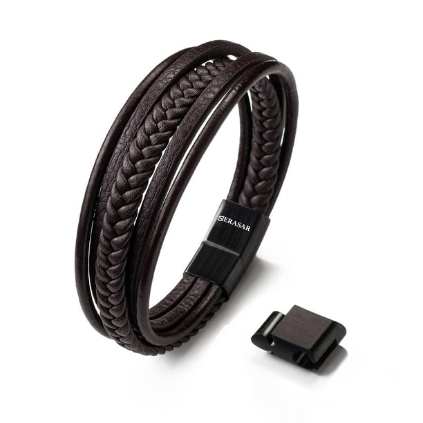 Pulsera Serasar de piel auténtica para hombre, 17 cm, con caja de regalo, color marrón