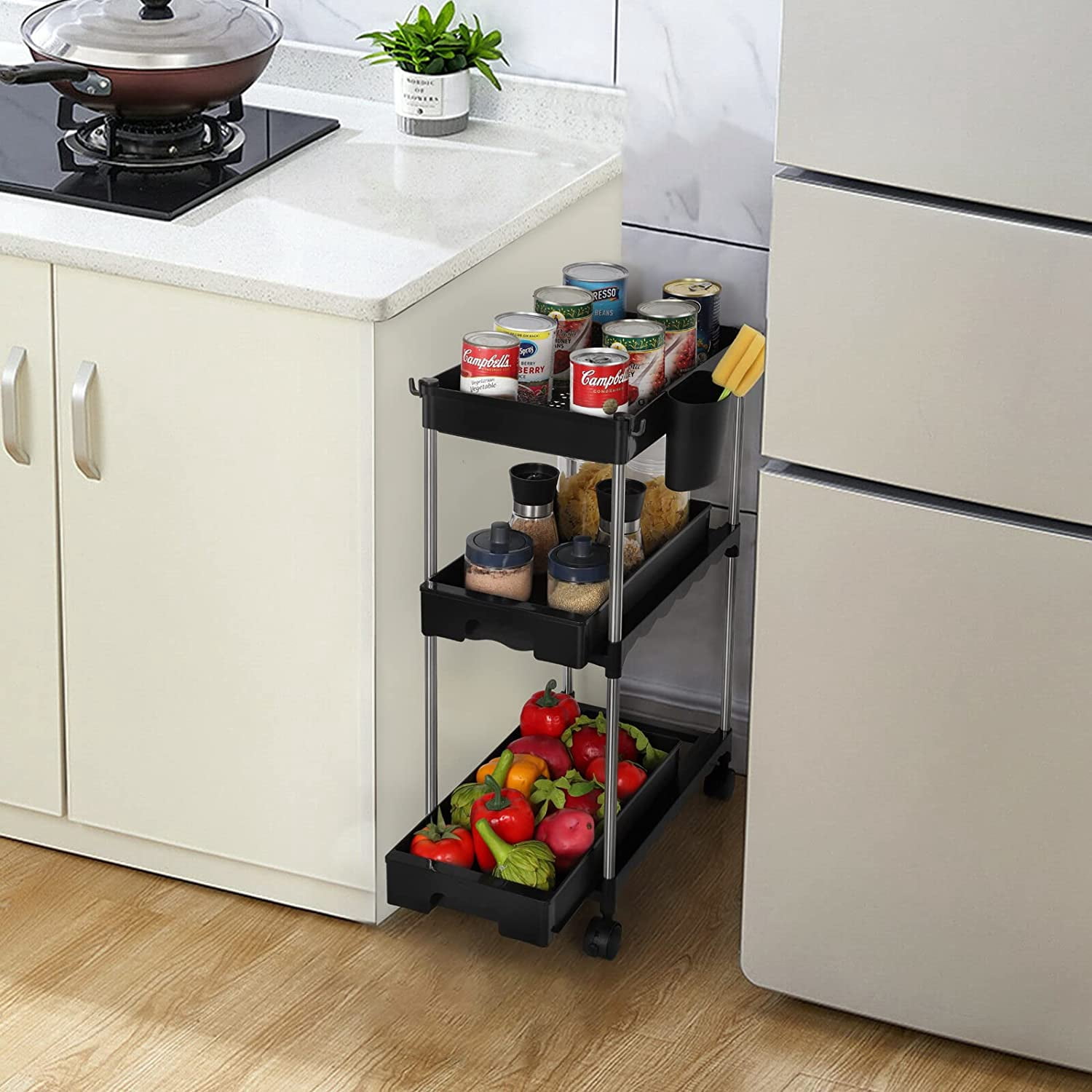 3 Tier Utility Rolling Cart with Sliding Storage Drawer, with Hanging Cup and 4 Hooks, Black