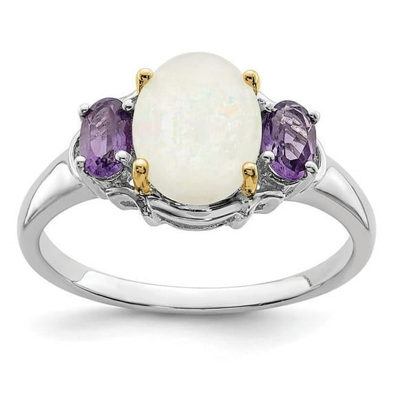 Finest Gold Sterling Silver & 14K Accent Opal & Amethyst Ring - Size 7