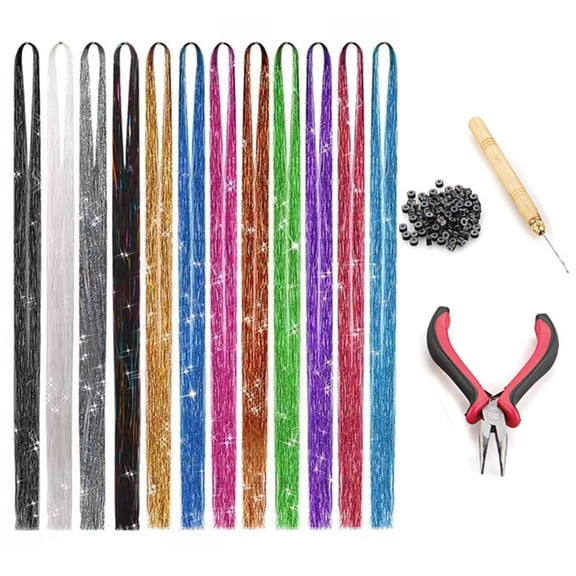 PONPRNGY Hair Tinsel Kit with Tools and Instruction Easy to Use 12 Colors Glitter Tinsel Hair Extensions for Women and Girls, Sparkling Shinny Fairy Hair Accessories for Cosplay Party