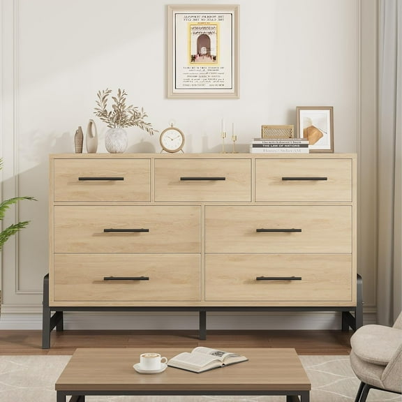 Dresser for Bedroom with 7 Drawer,Wooden Double Dresser,Freestanding Chest of Organizer Storage Drawers for Living Room,Hallway,Entryway