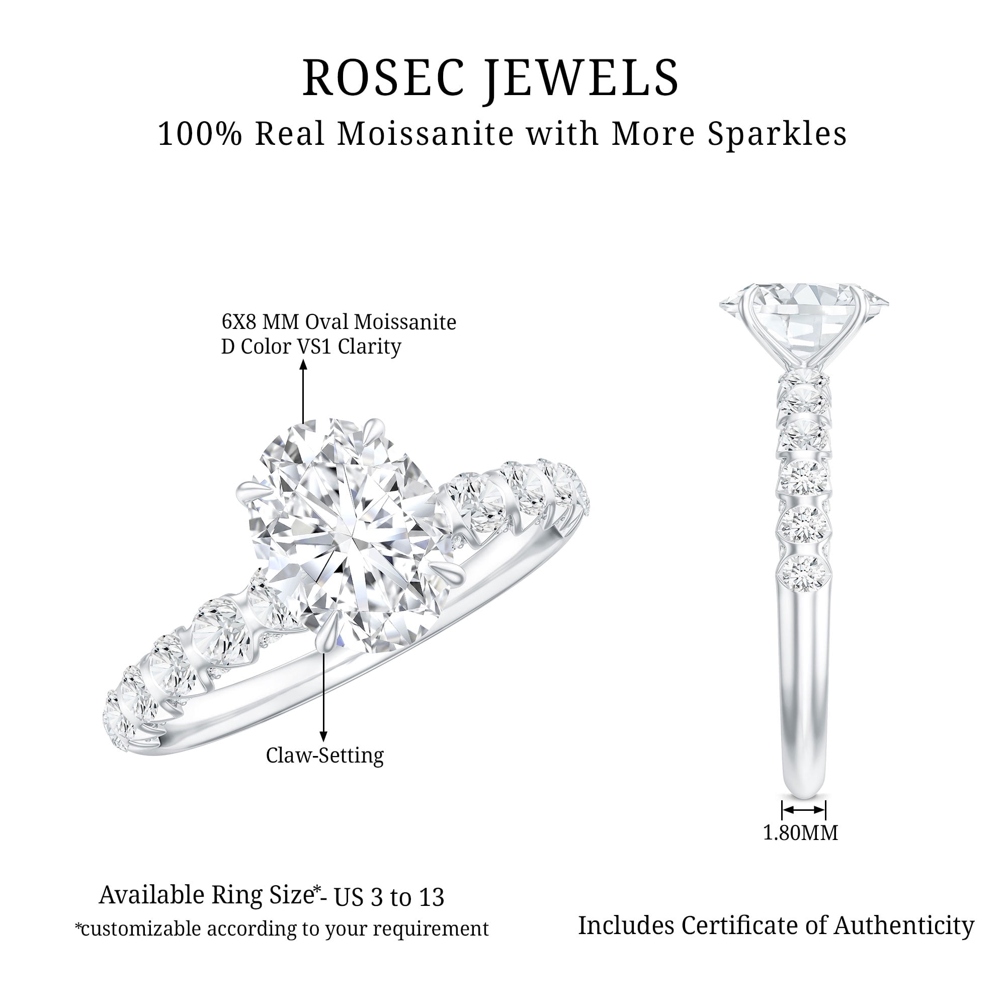 Rosec Jewels Moissanite Oval Solitaire Engagement Ring 1 Carat, 6X8 mm, D-VS1 Quality Certified Moissanite Ring - with Jewelry Box, 925 Sterling Silver, US 13.00