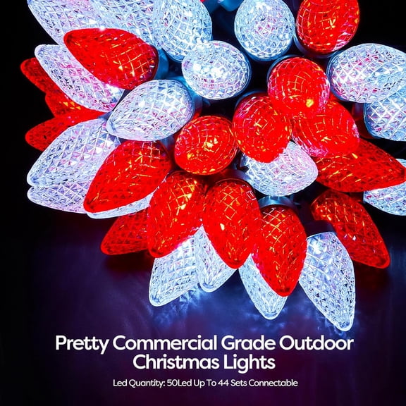 OPVM-C9 Led Christmas Lights Outdoor Christmas Decorations Commerical Grade 50Led 33ft Christmas Tree Lights Set for Indoor Outdoor Wedding, Holiday, Party, Home Decorations(Red and White)