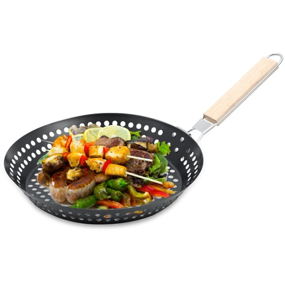 12-Inch Diameter Black Non-Stick BBQ Skillet Grill Basket With Foldable handle