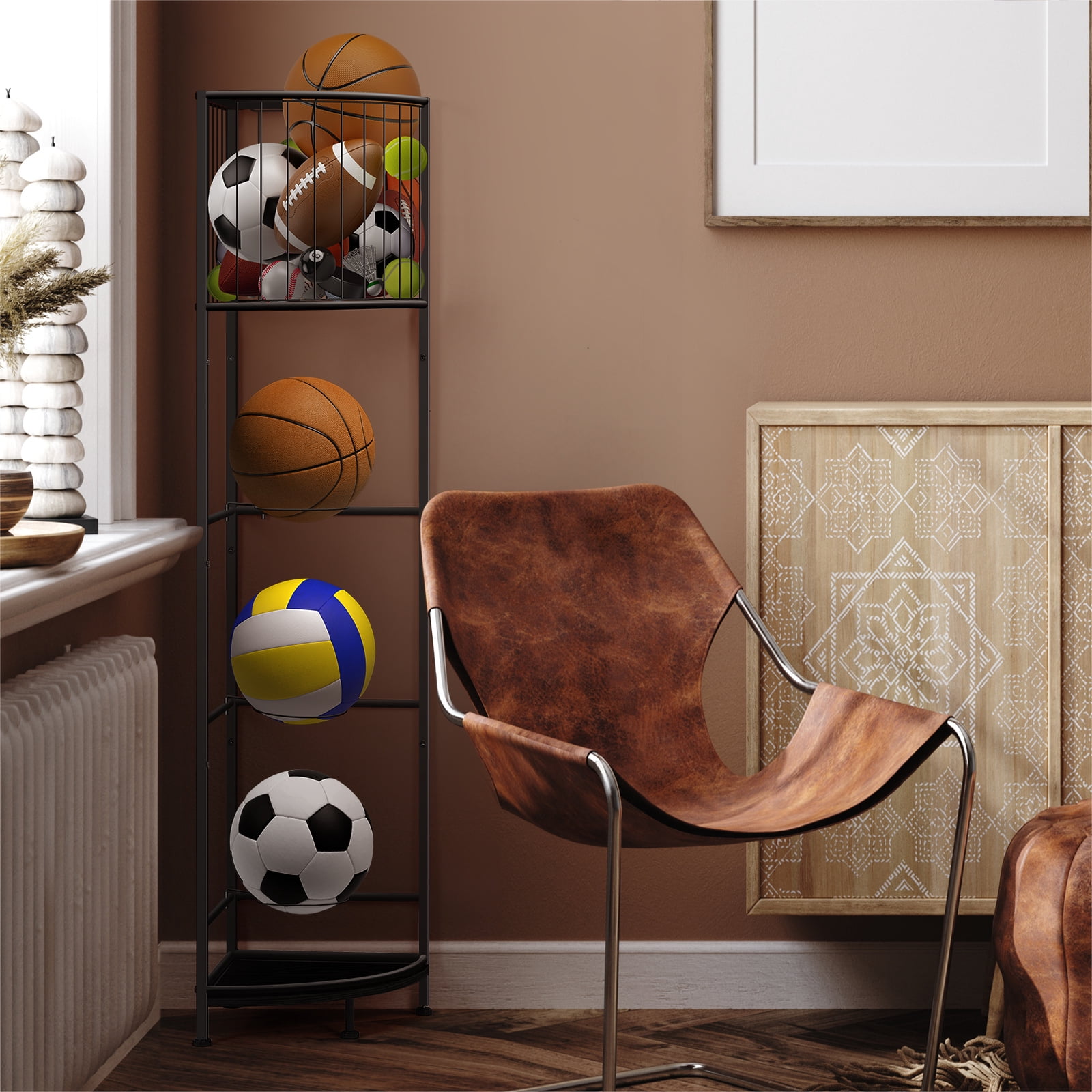 Oumilen 3-Tier Freestanding Basketball Storage Rack, Heavy-Duty Sports Ball Organizer