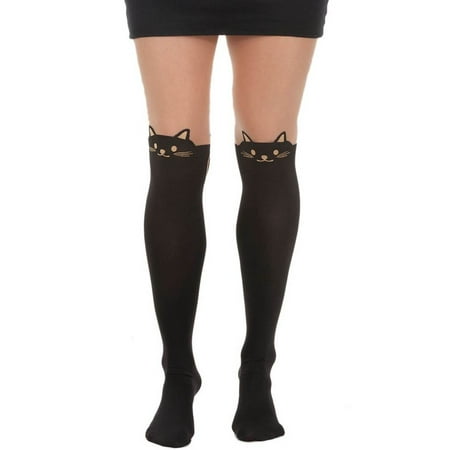 Womens Black Cat Meow Knee High Stockings Kitty Kitten Costume Tights Accessory