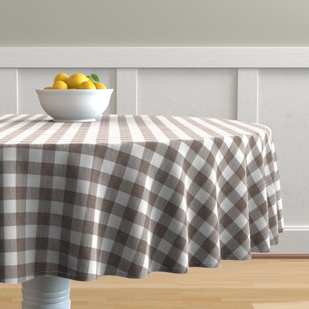 Round Tablecloth Brown Buffalo Check Plaid Autumn Winter Tartan Cotton
