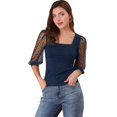thumbnail image 1 of INSPIRE CHIC Blusa Vintage Con Cuello Cuadrado Para Mujer, Ajustada, Semitransparente, Con Mangas Abullonadas De Malla 3/4 Azul oscuro L, 1 of 6