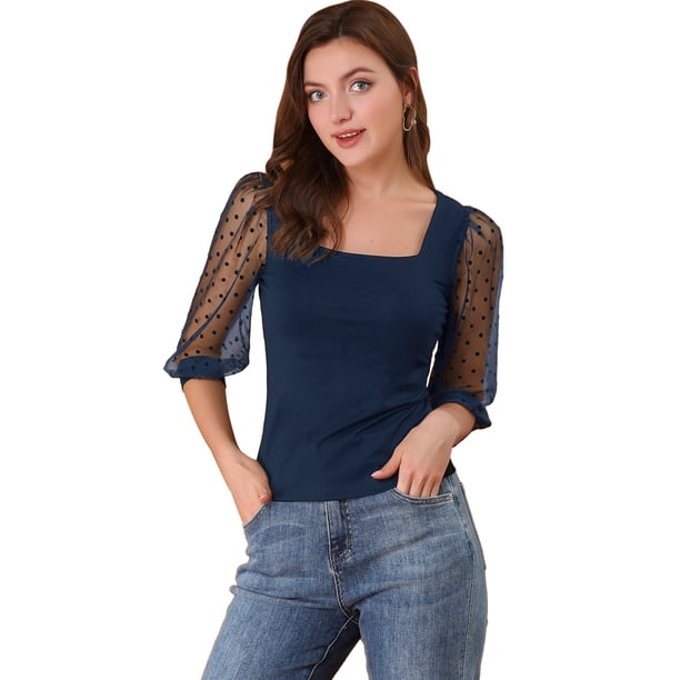Blusa Vintage Allegra K con Cuello Cuadrado Azul oscuro XL