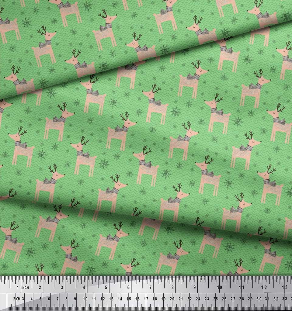 Soimoi Green Poly Georgette Fabric Reindeer & Snowflake Christmas Print Fabric by the Yard 42 Inch Wide