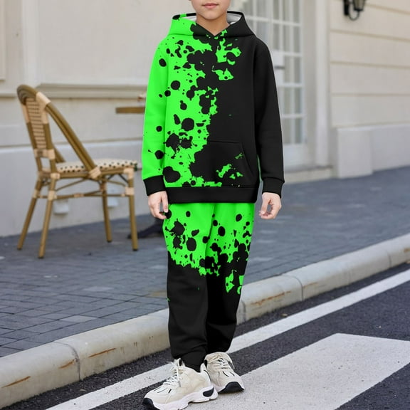 GBSYEWXS Outfit Set For Children boys Ink Print Long Sleeve Hooded Sweatshirt Pant Leisure Casual Green Outfits Sets