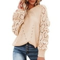 thumbnail image 2 of Sweaters for Women Crewneck Crochet Lace Long Sleeve Hollow Out Cable Knit Pullover Sweaters Tops Winter Fall Clothes 2023 Beige, 2 of 5