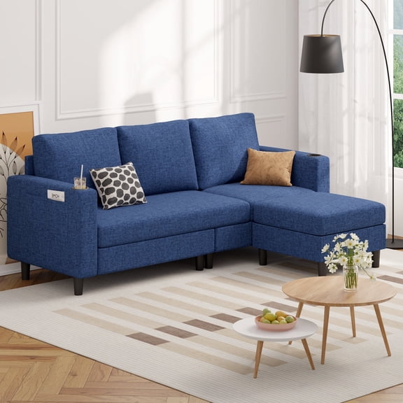 Hawsaiy 78" L-Shaped Upholstered Sectional Sofa, 3-Seat Convertible Couch with Washable Linen Covers, for Living Room, Apartment, Blue