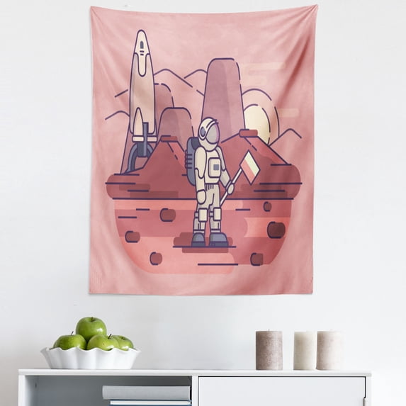Astronaut Tapestry, Image of a Spaceman on a Planet Drawing Illustrated by Hand, Fabric Wall Hanging Decor for Bedroom Living Room Dorm, 5 Sizes, Blush Champagne, by Ambesonne