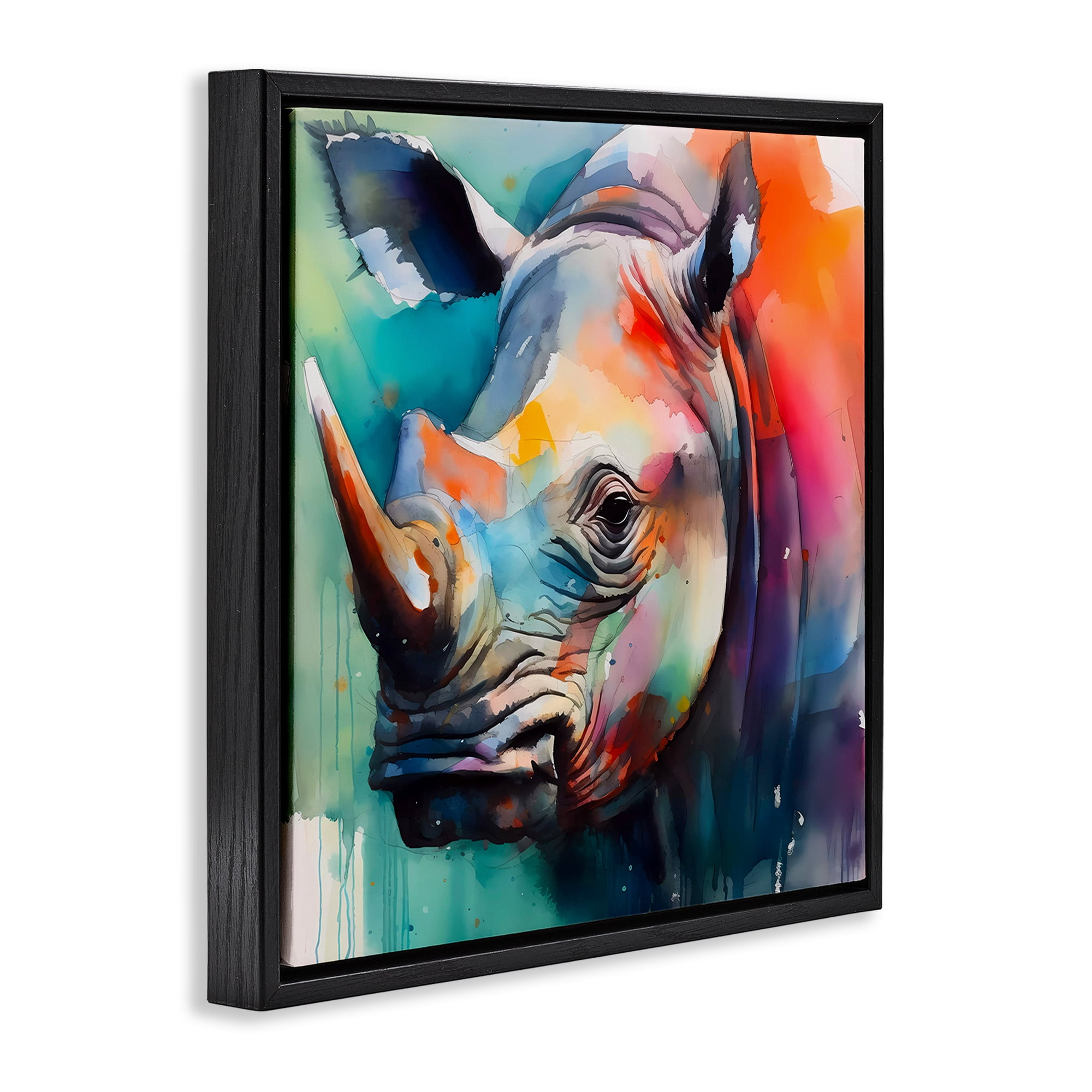 Stupell Industries Rhino with Modern Hues Animals & Insects Painting Black Floater Framed Canvas Art Print Wall Art, 25 x 25